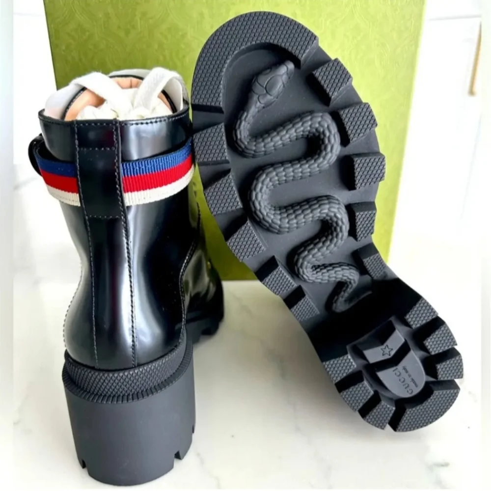 GUCCI SYLVIE WEB COMBAT BOOTS BLACK LEATHER - Picture 2 of 6